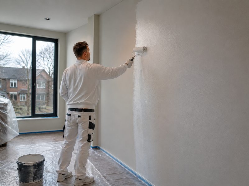 Schilder rolt met een verfroller een egale laag latex op een muur