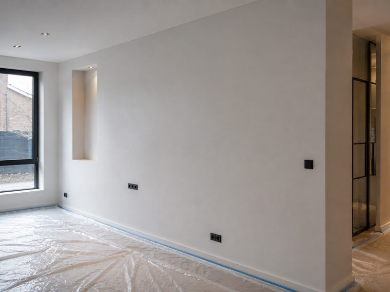 Vers gestuukte wand in een lege woonkamer, met de vloer afgedekt met folie