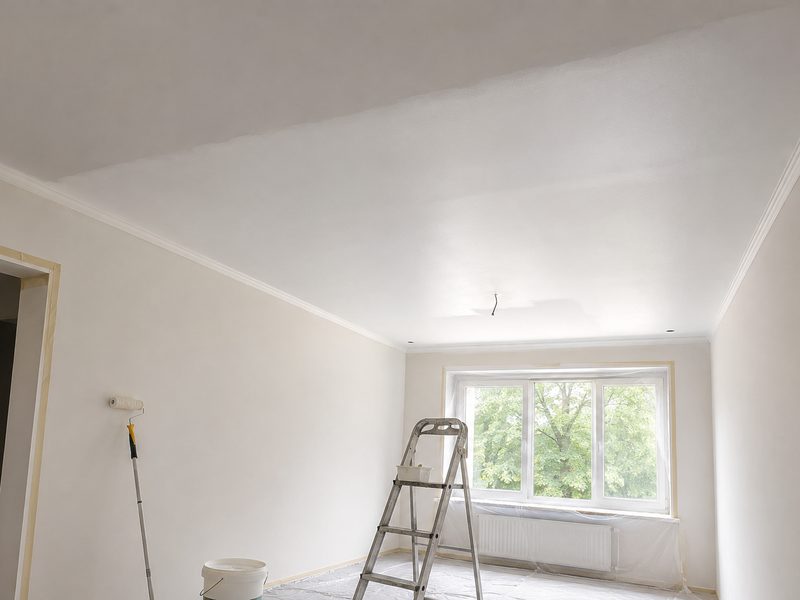 Vers wit geschilderd plafond met sierlijst, trapje en verfroller in de kamer
